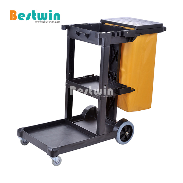 Hotel Equipment Plastic Serving Vehices Yellow Cleaning Trolley Janitor Cart with Cover Service Cart
